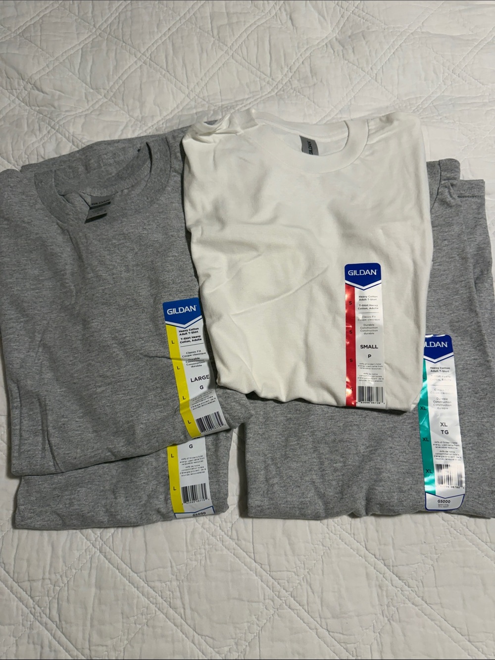 Gildan Short Sleeve Crew Neck T-Shirts - White (S) & Heather Gray (2 L & 1 XL)